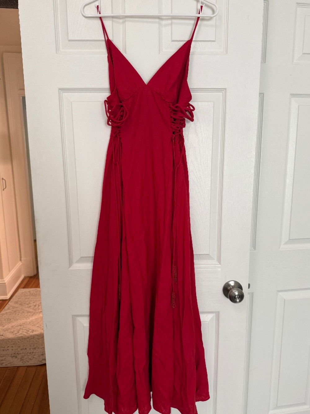 Farm Rio Tie-Detailed Linen-Blend Maxi Dress in Red | Size Small | NWT - Picture 2 of 5